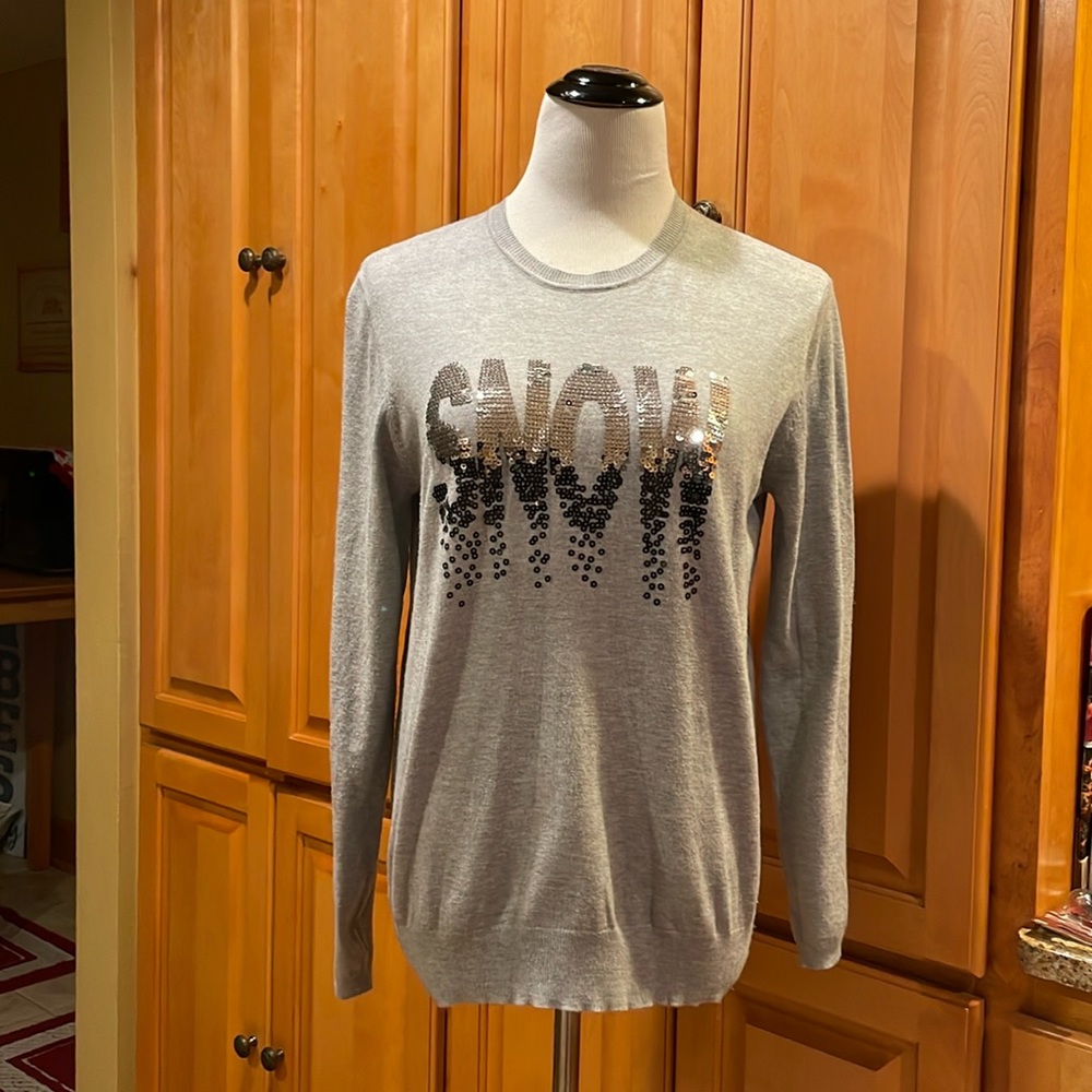 Ski, Snowboard Fan Sequin SNOW Spelled Out on Gray Long Sleeve Top Size M